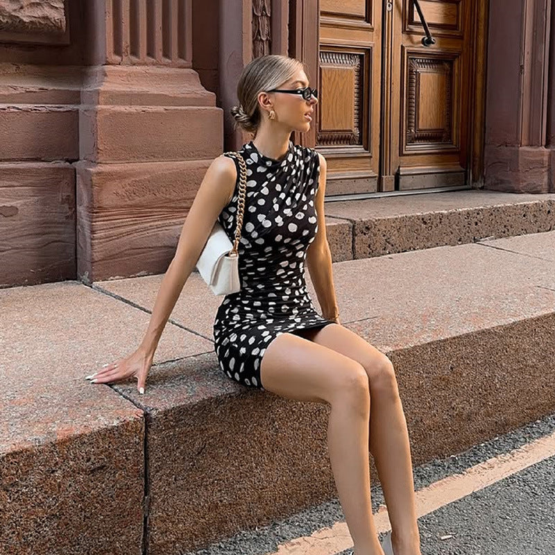 Sleeveless black and white polka dot mesh sheath dress by Langry Fashion