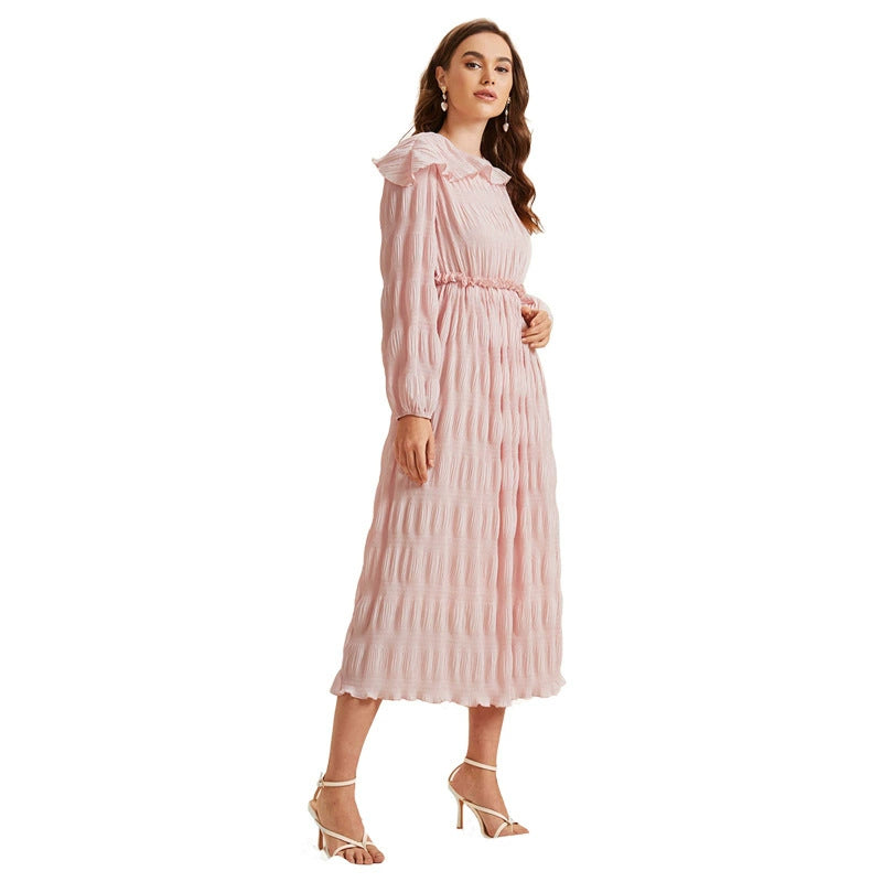 French Sweet Lace Collar Long Sleeve Dress in Pink Pleats