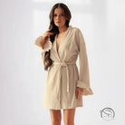 Beige knitted casual cardigan nightgown with long sleeves and ruffled cuffs