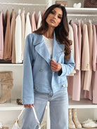 Langry slim collared suede short coat in light blue denim with gold buttons