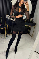 Black Casual Party Drilling Dress featuring sheer mesh sleeves and stockings in elegant fashion