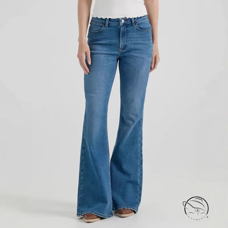 Comfy embroidered micro stretch jeans in medium-wash flared high-rise style