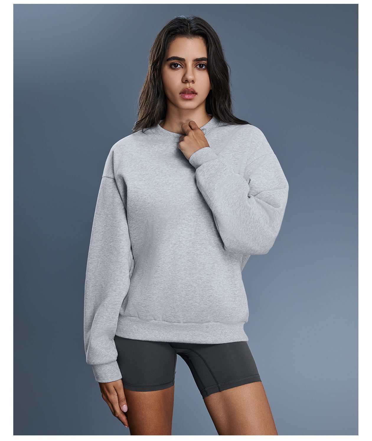 Grey long sleeve casual warm pullover hoodie with textured fleece fabric