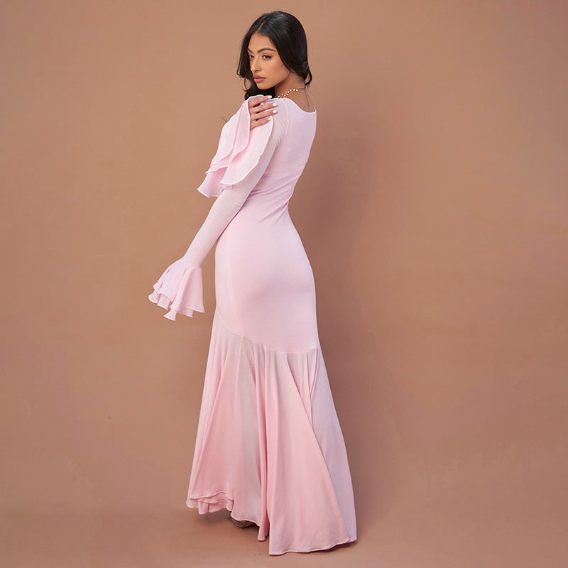 Pink floor-length dress with bell sleeves and mermaid silhouette for elegant fashion