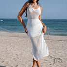Stunning beach cover up maxi dress in white crochet sleeveless mesh