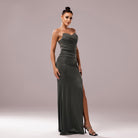 Elegant strapless gown with thigh-high slit, ideal for fashion-forward evening events
