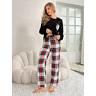 Women’s black long-sleeve top and red plaid pajama pants set for winter long sleeve trousers home wear
