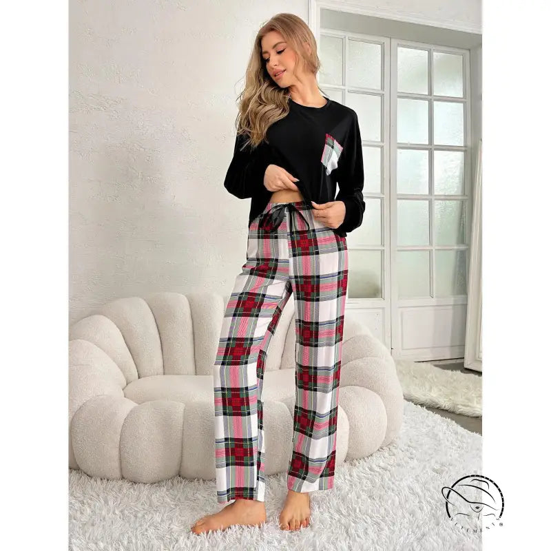 Women’s black long-sleeve top with red white plaid pajama pants, winter long sleeve home wear set