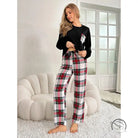 Women’s black long-sleeve top with red white plaid pajama pants, winter long sleeve home wear set