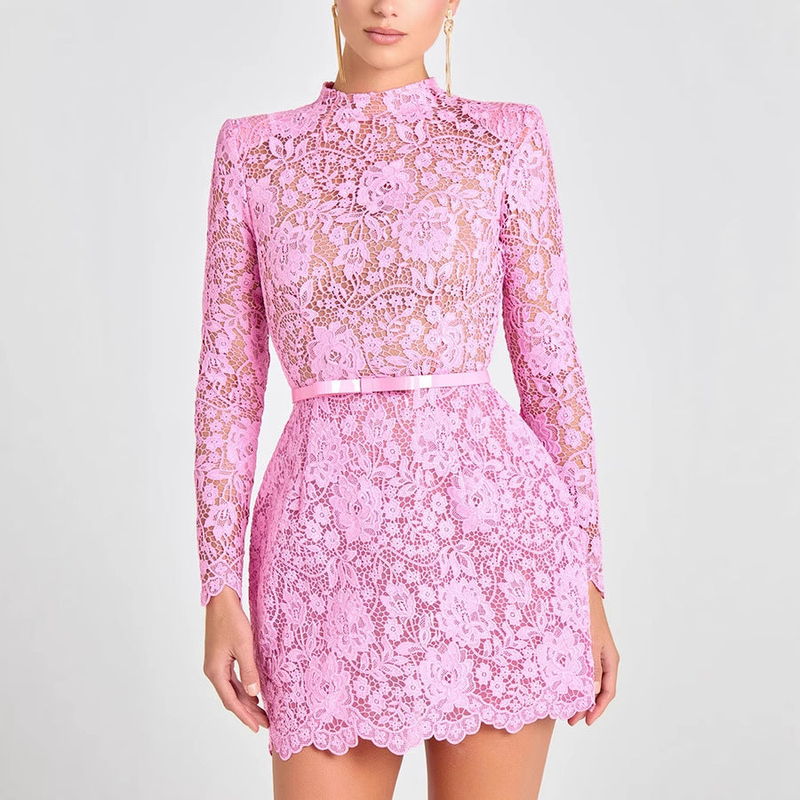 Womens pink lace sheer cutout belt long sleeve mini dress