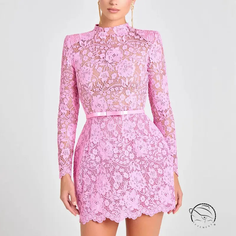 Womens pink lace sheer cutout belt slim fit long sleeve mini dress