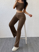 Brown ribbed high-waisted flared langry leggings in casual fashion set