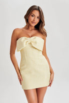 Langry yellow strapless mini dress with bust bow, slim fit woven fashion
