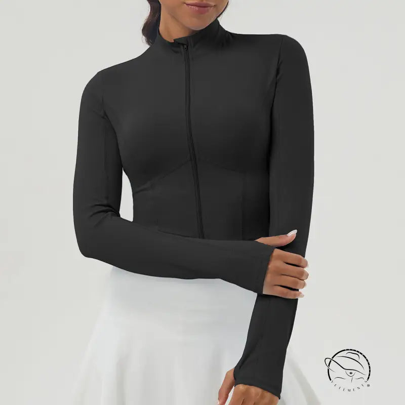 Black long sleeve sports jacket with mock neck and full-zip front for women