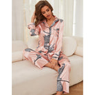 Pink satin pajama set with black leopard print for women home clothes autumn winter