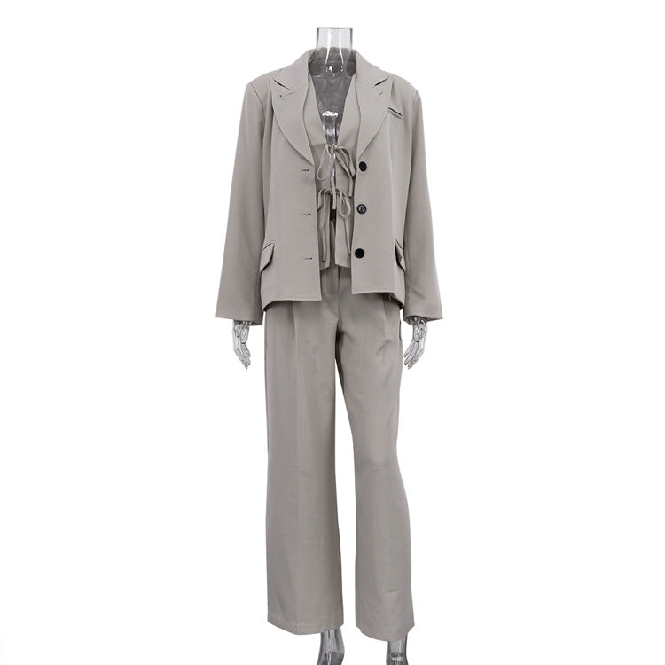 Sleek taupe long sleeve blazer set with wide-leg trousers for office fashion