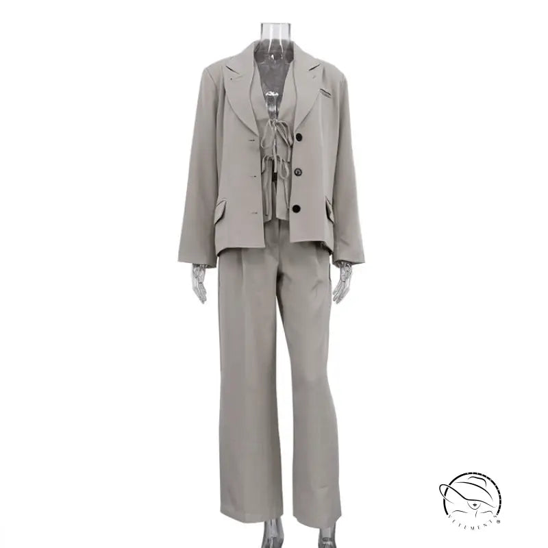 Sleek taupe long sleeve blazer set with tailored wide-leg trousers