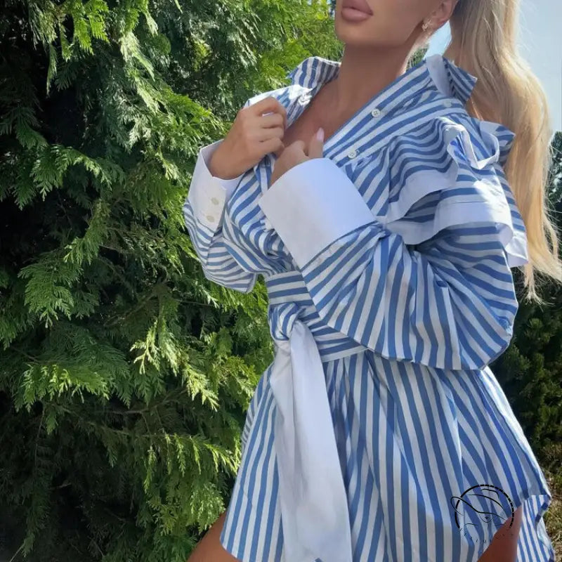 Elegant cardigan shirt dress in blue and white stripes