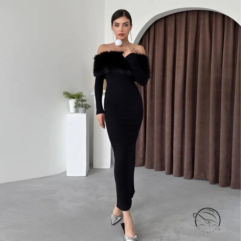 Elegant langry fashion off-shoulder dress with fur trim