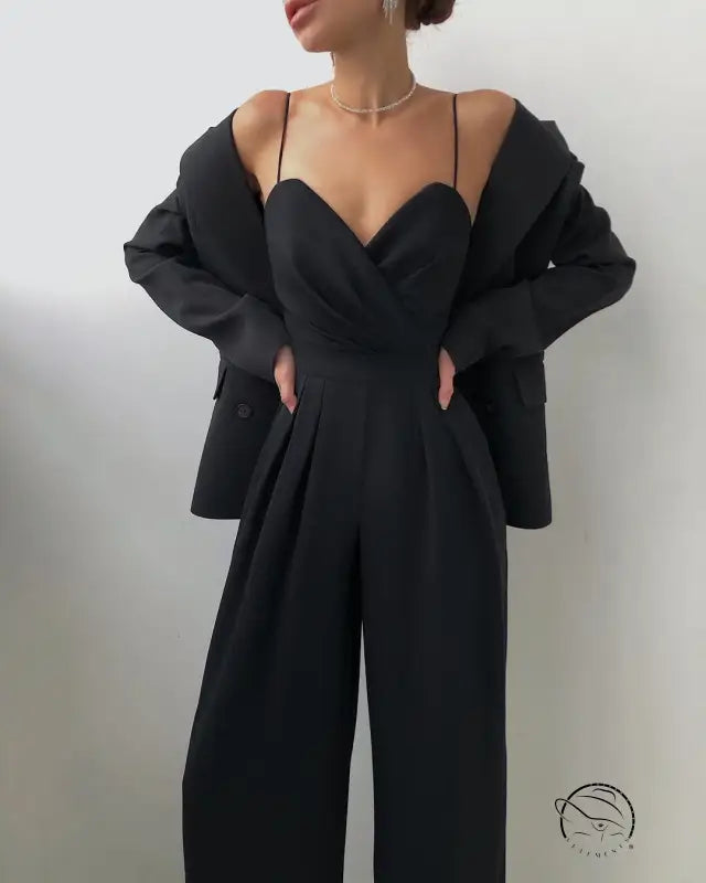 Elegant black strapless modern jumpsuit with sweetheart neckline and wide-leg pants