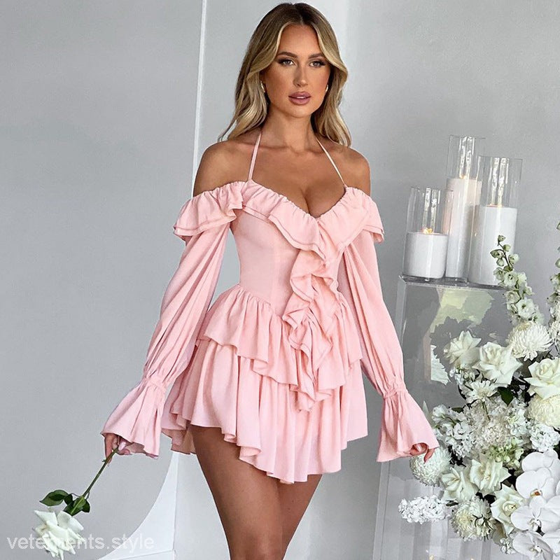 Pink ruffled off-shoulder romper from HALTER LOW CUT RUFFLED DRESS collection, stylish and sexy