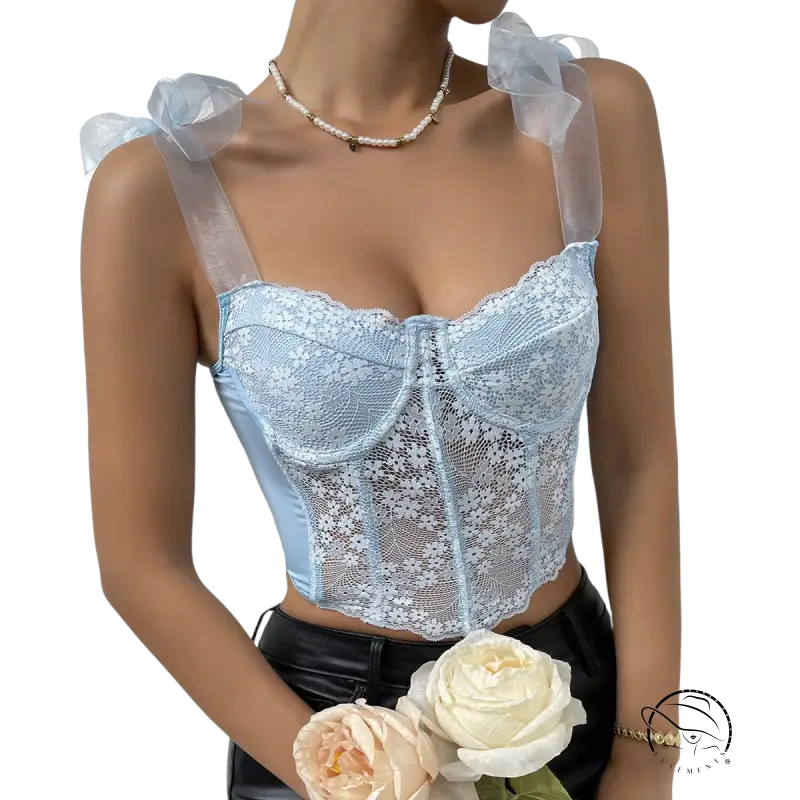 Sky blue boning corset vest with light blue floral lace top