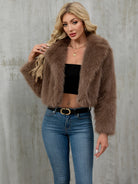 Langry faux fur cropped jacket with fluffy taupe texture and wide collar