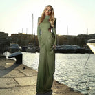 Beautiful high collar olive green maxi dress with draped evening gown style