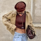 Langry double breasted trench coat with brown leather tote bag