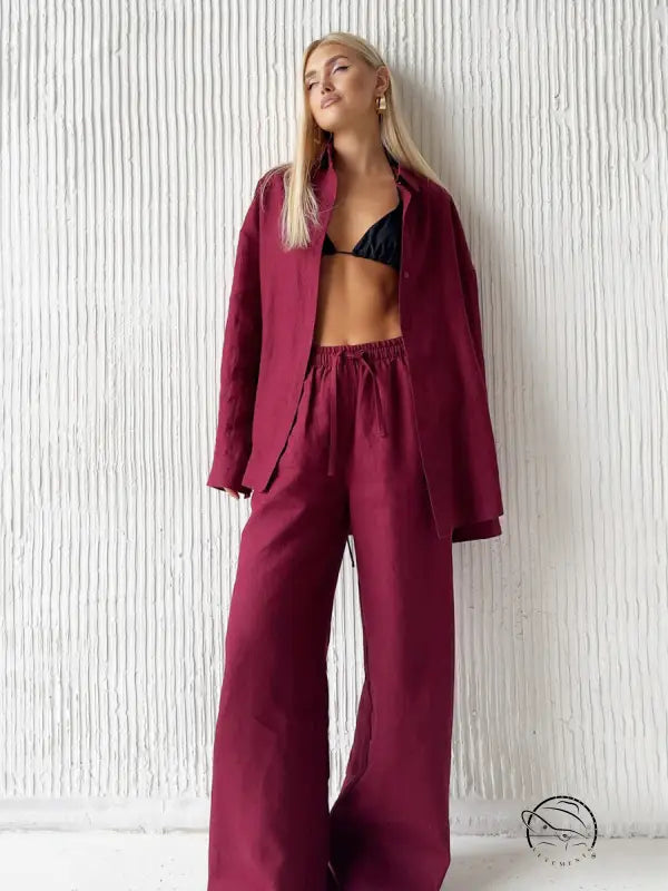Burgundy linen pantsuit with cotton shirt in Langry fashion set