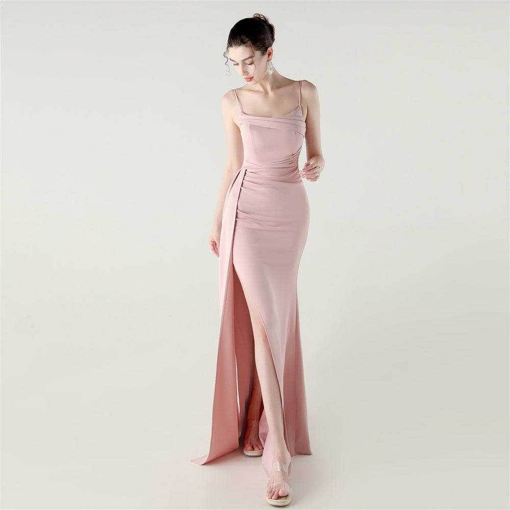 Elegant blush pink satin gown with draped bodice, high slit in Langry fashion