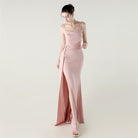 Elegant blush pink satin gown with draped bodice, high slit in Langry fashion