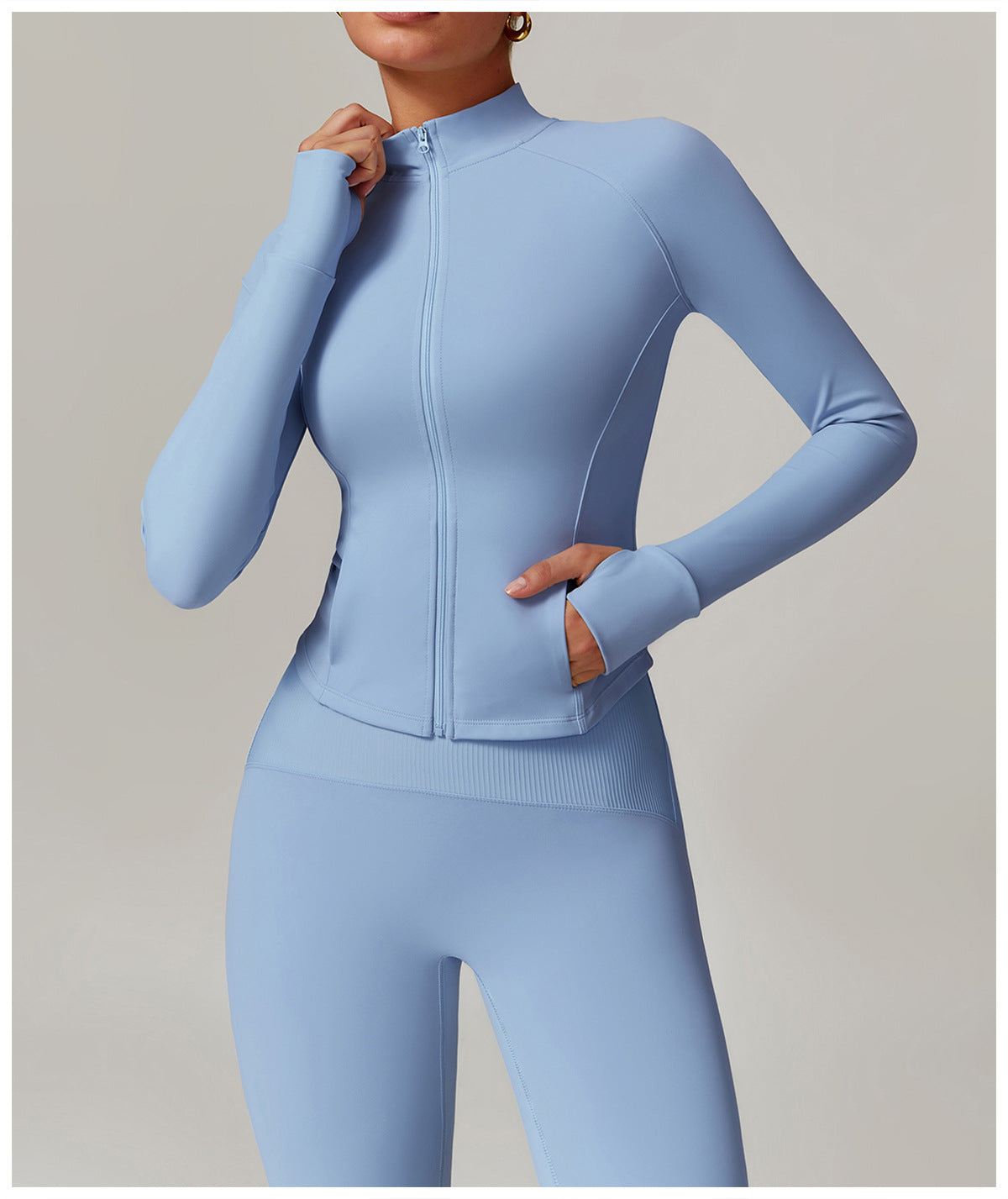 Light blue langry fitted workout set featuring a zip-front jacket and matching leggings
