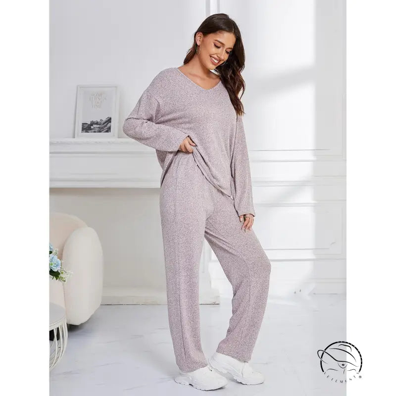 Light purple textured knit winter outerwear loose sports casual loungewear set