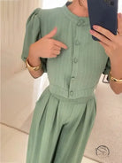 Sage green pinstripe summer striped half sleeve jumpsuit