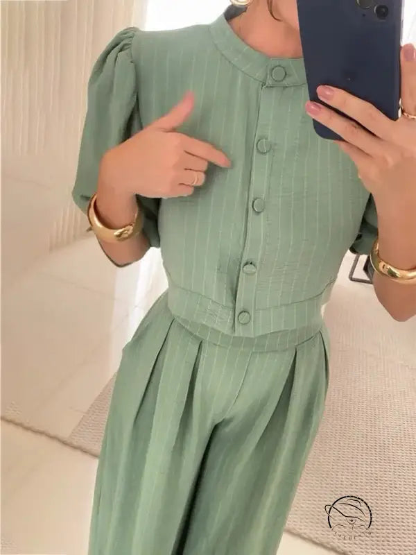 Sage green pinstripe summer striped half sleeve jumpsuit