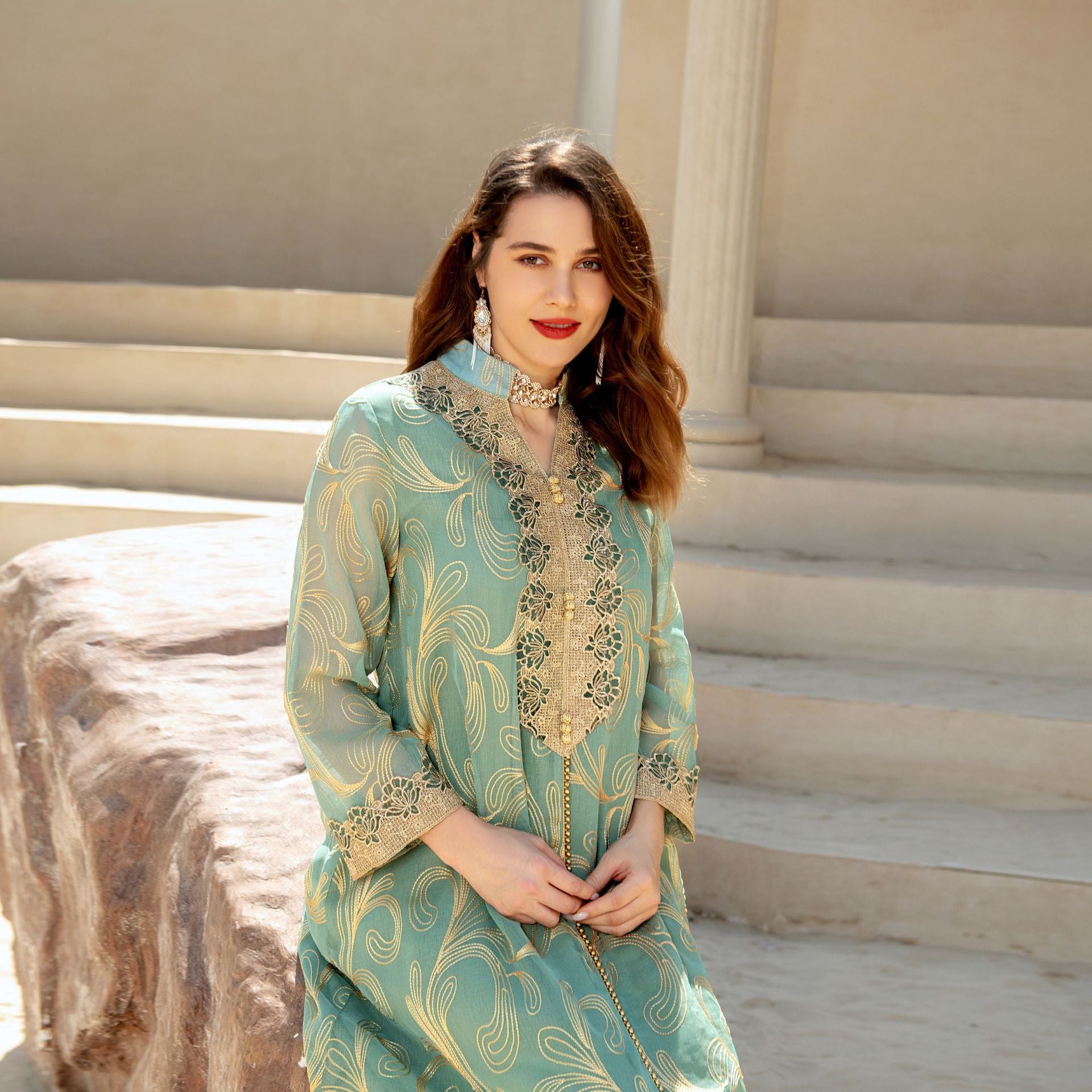 Enchanting Middle East langry fashion dress in mint green with gold floral embroidery