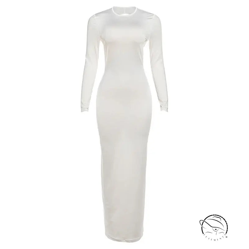 Elegant slim fit backless dress in white with high neckline