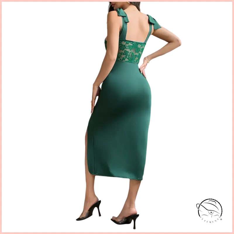 Emerald green satin midi langry fashion dress with lace bodice and bow straps