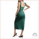 Emerald green satin midi langry fashion dress with lace bodice and bow straps