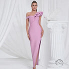 Pink langry fashion evening gown with ruffle and slit