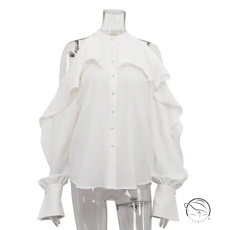 Elegant French design halter top with ruffled cold-shoulder sleeves and bell cuffs