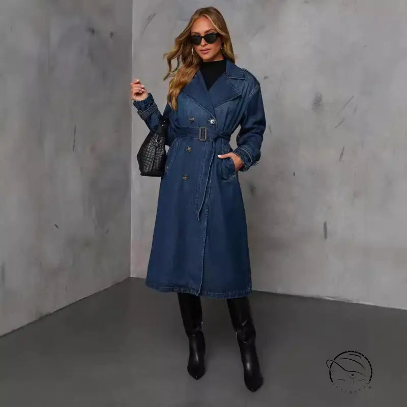 Casual retro denim coat with belt, long dark blue trench style