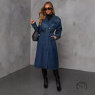 Casual retro denim coat with belt, long-sleeved double-breasted trench