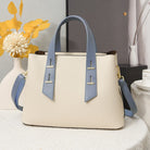 Langry fashion cream and blue leather tote bag with gold hardware