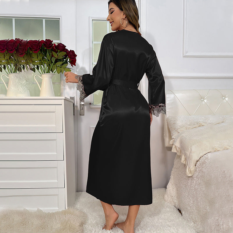 Elegant black satin langry robe with lace trim, imitated silk fashion nightdress