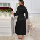 Elegant black satin langry robe with lace trim, imitated silk fashion nightdress