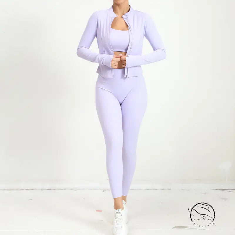 Lavender three piece yoga clothes suit with zip-up leggings and jacket