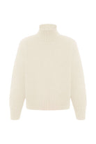 Cream-colored langry fashion turtleneck sweater with ribbed knit and long sleeves
