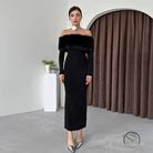 Elegant black off-the-shoulder fur dress in langry fashion ملابس